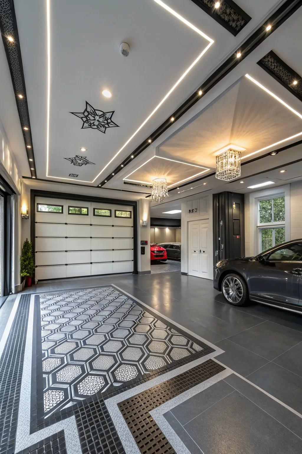 Distinctive floors and ceilings add character to a converted garage.