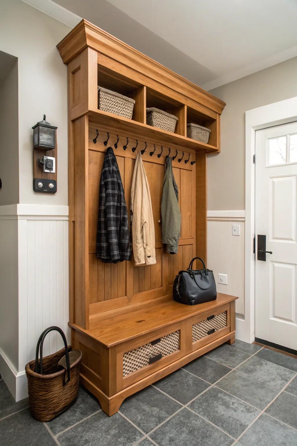 A specialized outerwear stand maintains outerwear organization and accessibility.