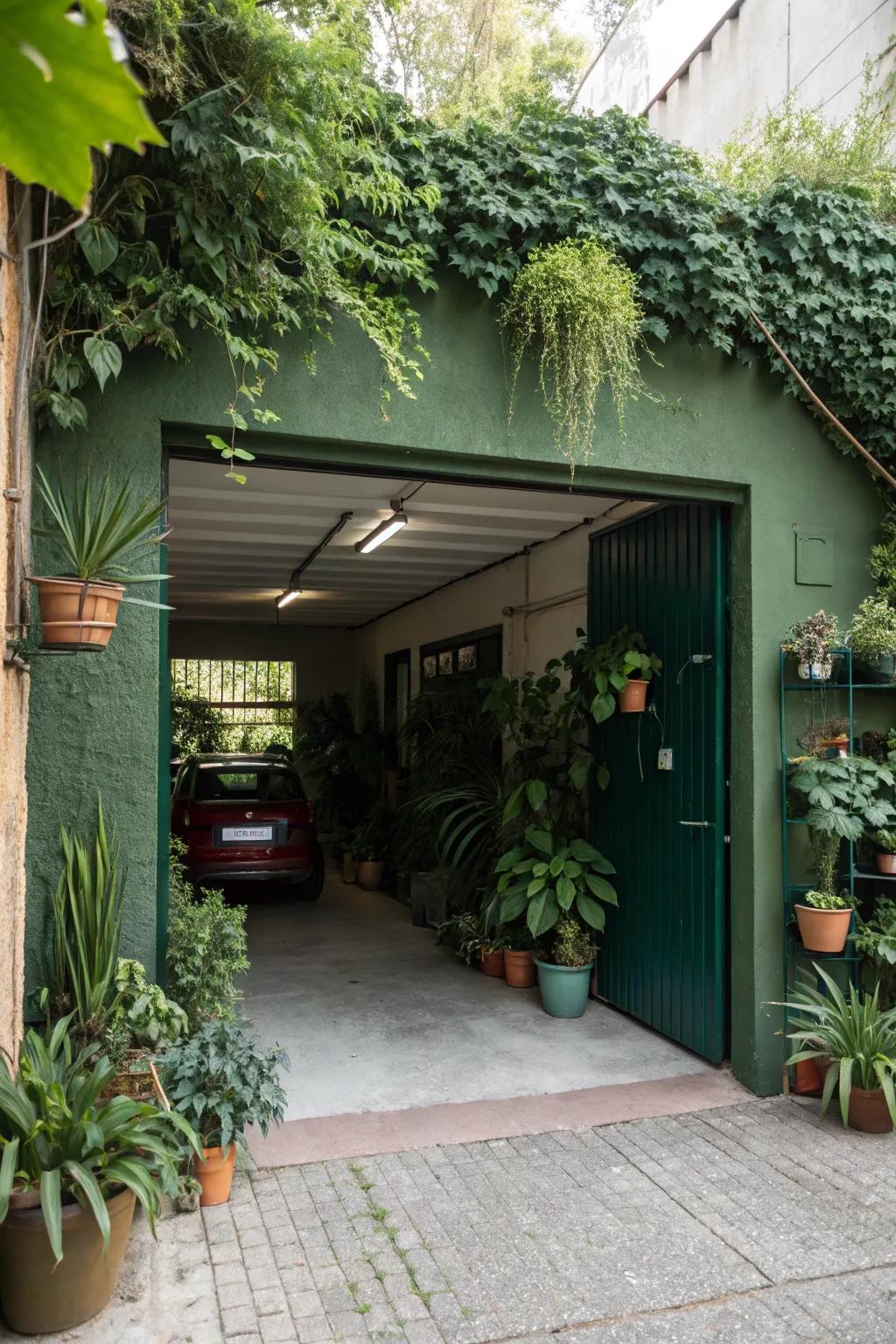 Green paint transforms your garage into a refreshing natural retreat.