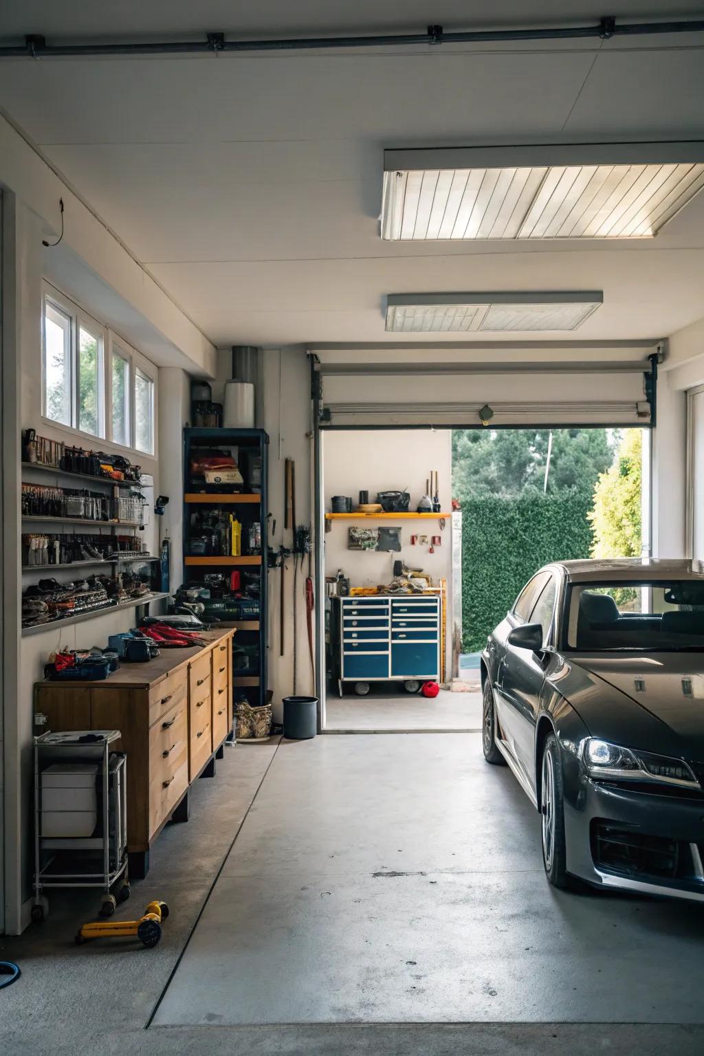 Combine car storage with a functional workshop.
