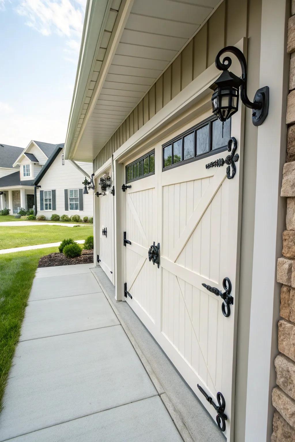 Decorative hardware adds charm to garage trim.