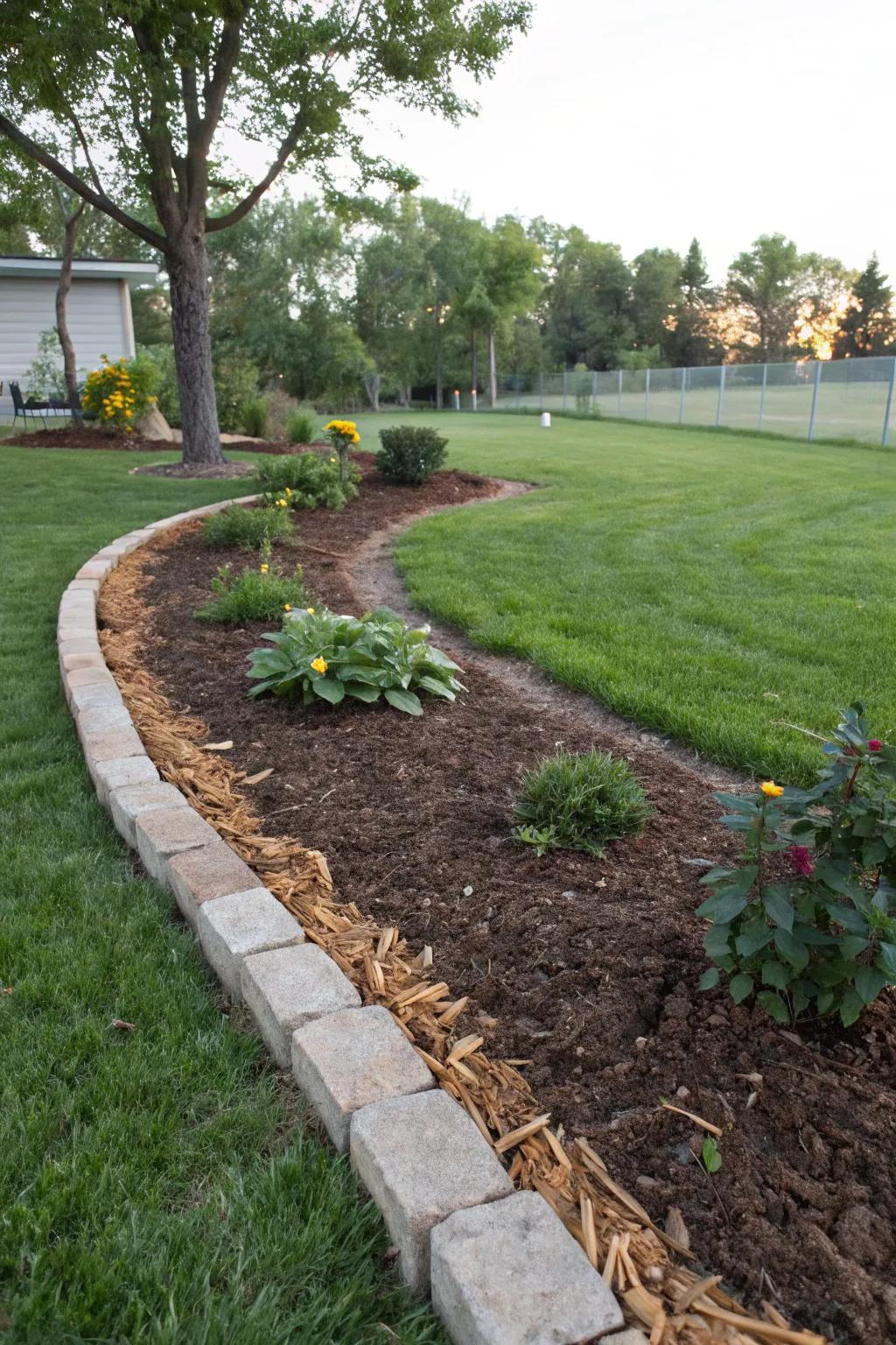 Mulched edges seamlessly blend different garden areas.