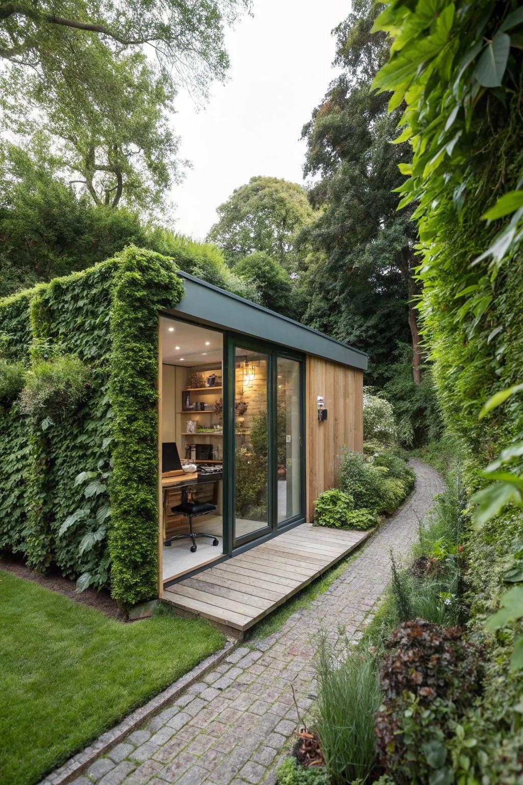 A garden office embraced by rich green walls, offering a private workspace.