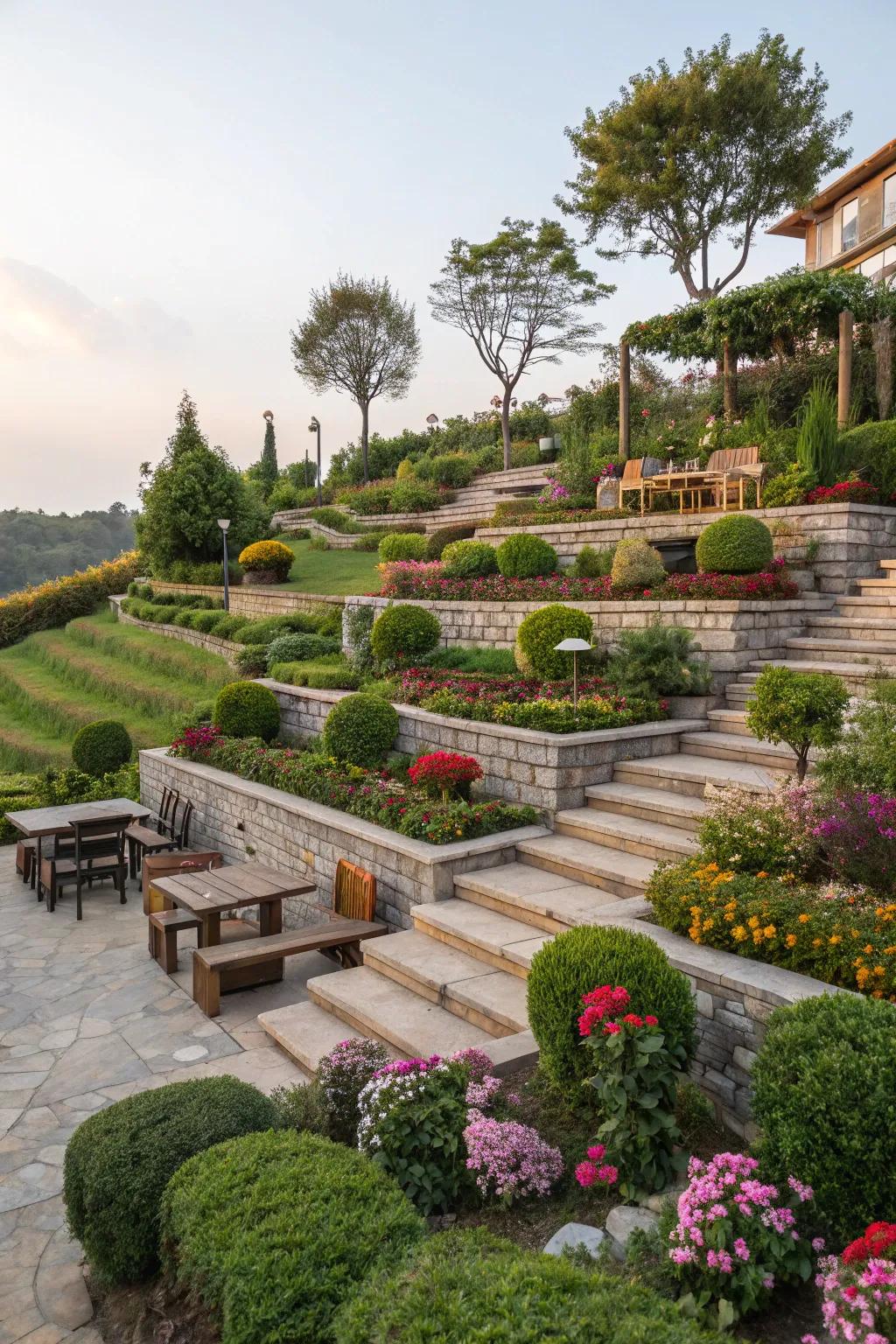 Multi-tiers lend depth and dimension to gardens.