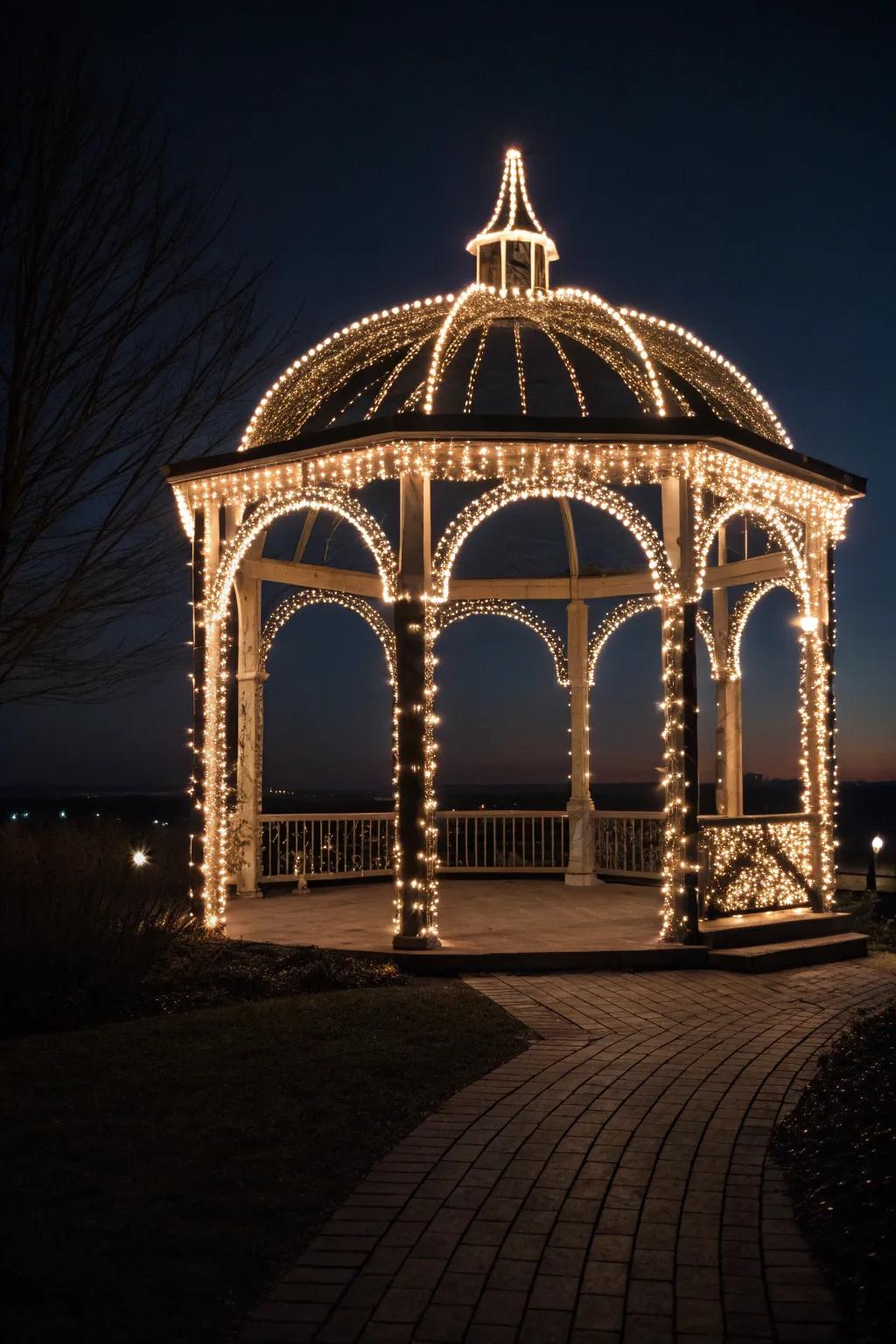 Twisted lights delineate the gazebo, enhancing its framework exquisitely.