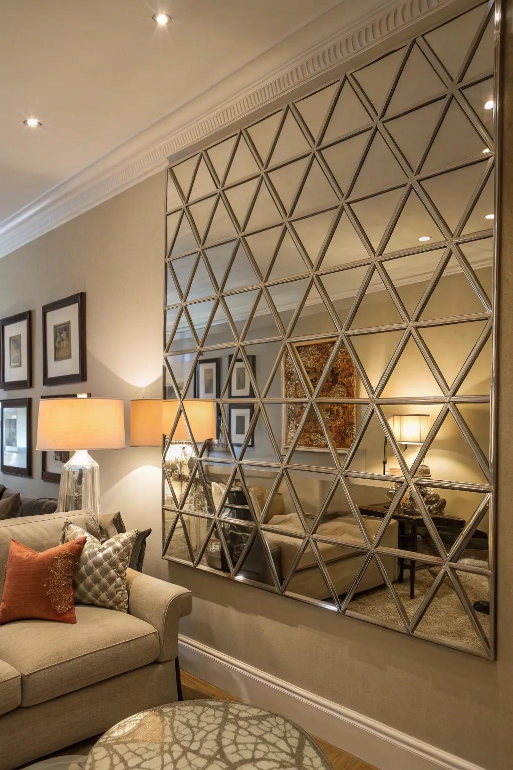 Light and a touch of luxury are added to geometric art with mirrored accents.