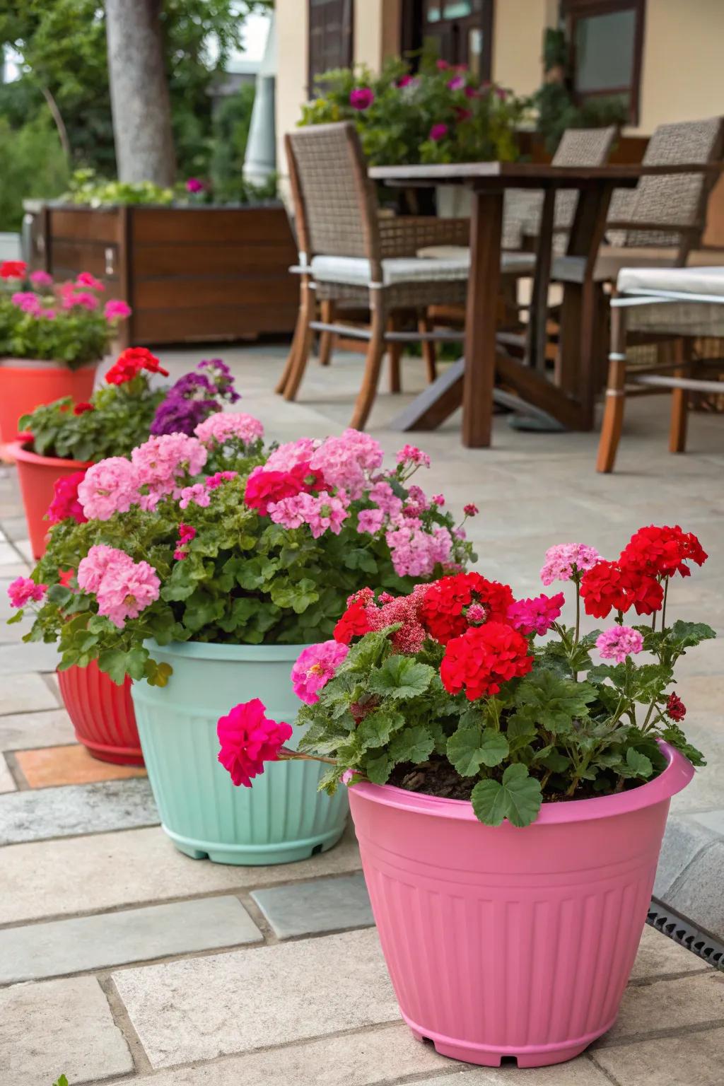 A collection of vibrant plastic vessels overflowing with pink and red geraniums on a sunny patio.