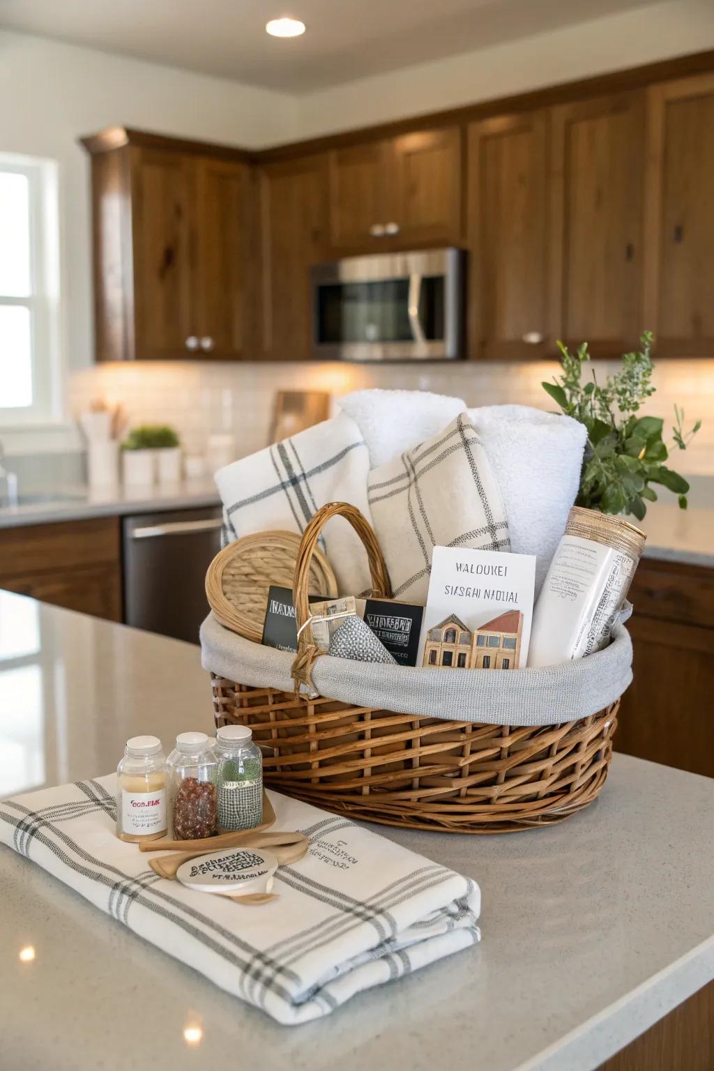 A new home gift basket full of practical items.