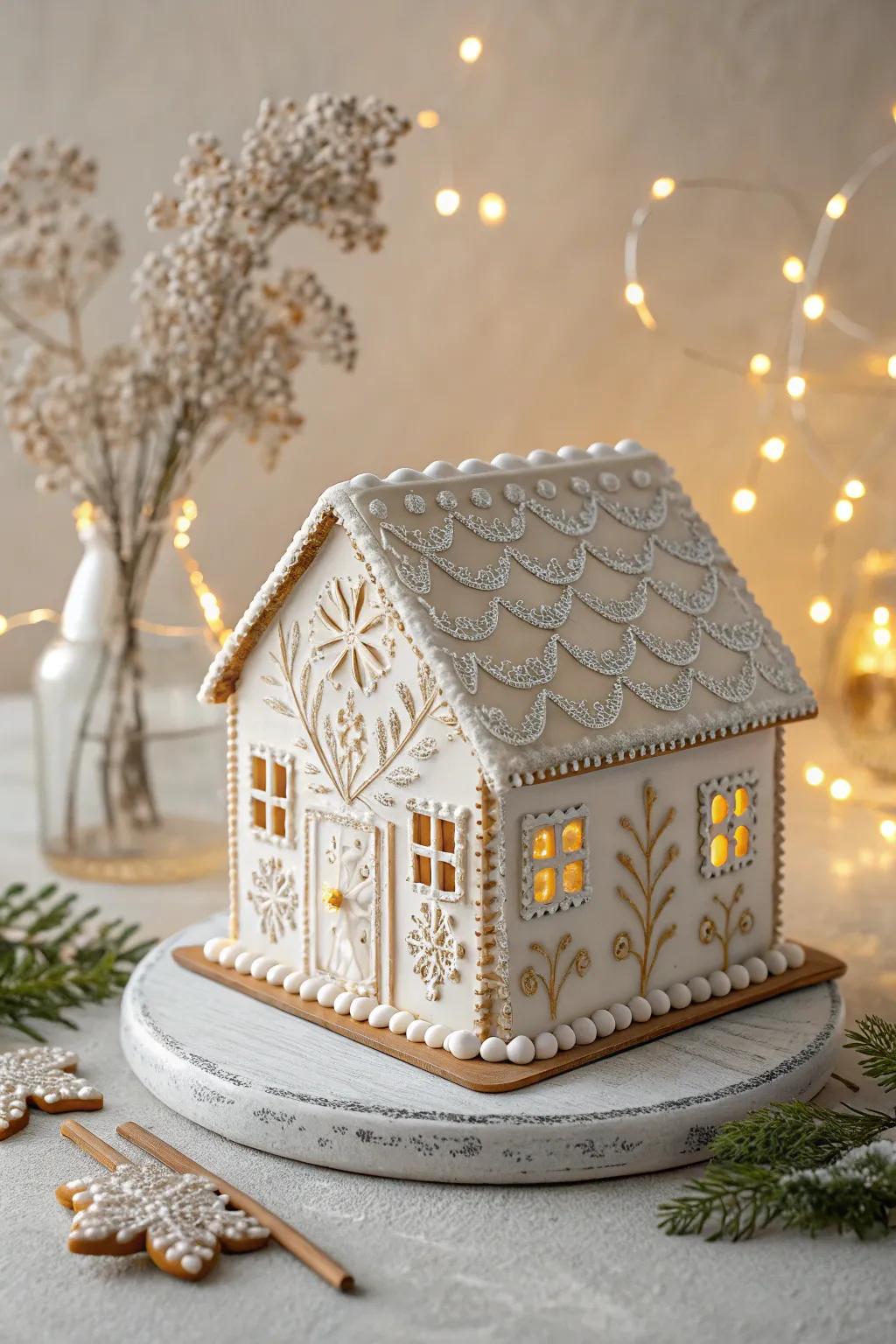 Embrace understatement with this streamlined modern gingerbread home, where refinement harmonizes with festive allure.