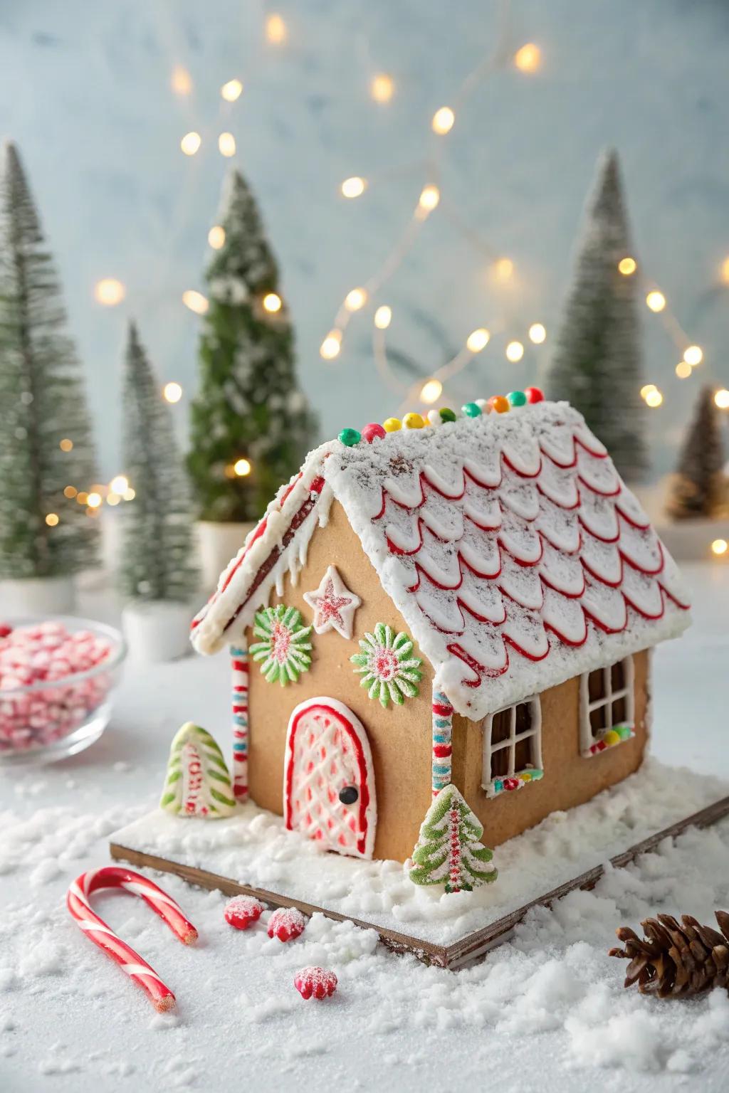 Peppermint bark tiles bring festivity and flavor to gingerbread house roofs.