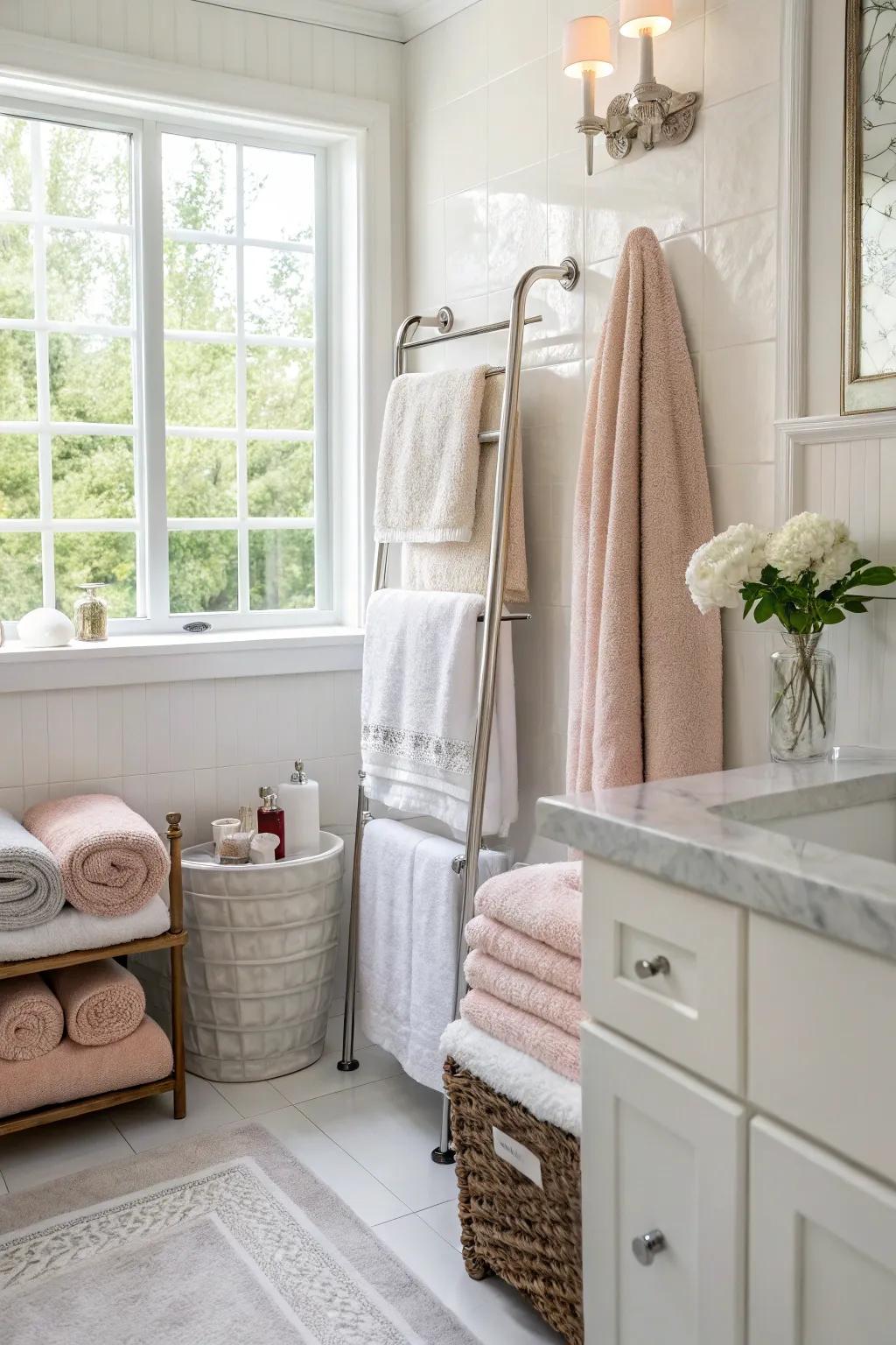 A cozy bathroom featuring plush absorbent cloths and soft textile accents.