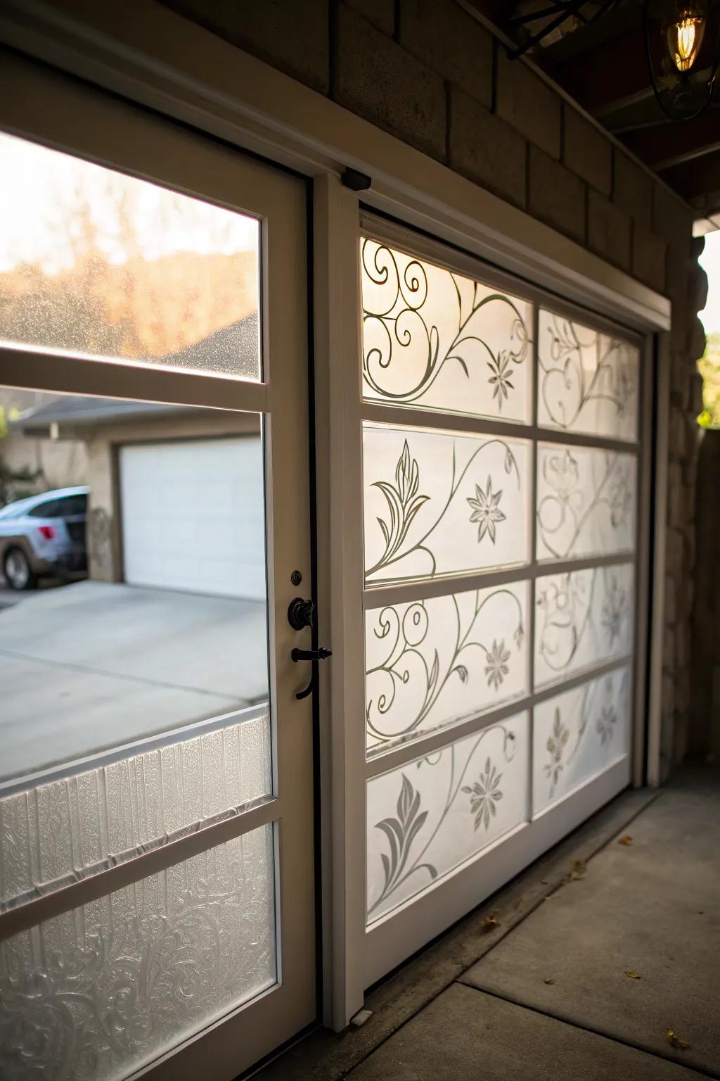 Stylish privacy is ensured with a frosted glass garage door.