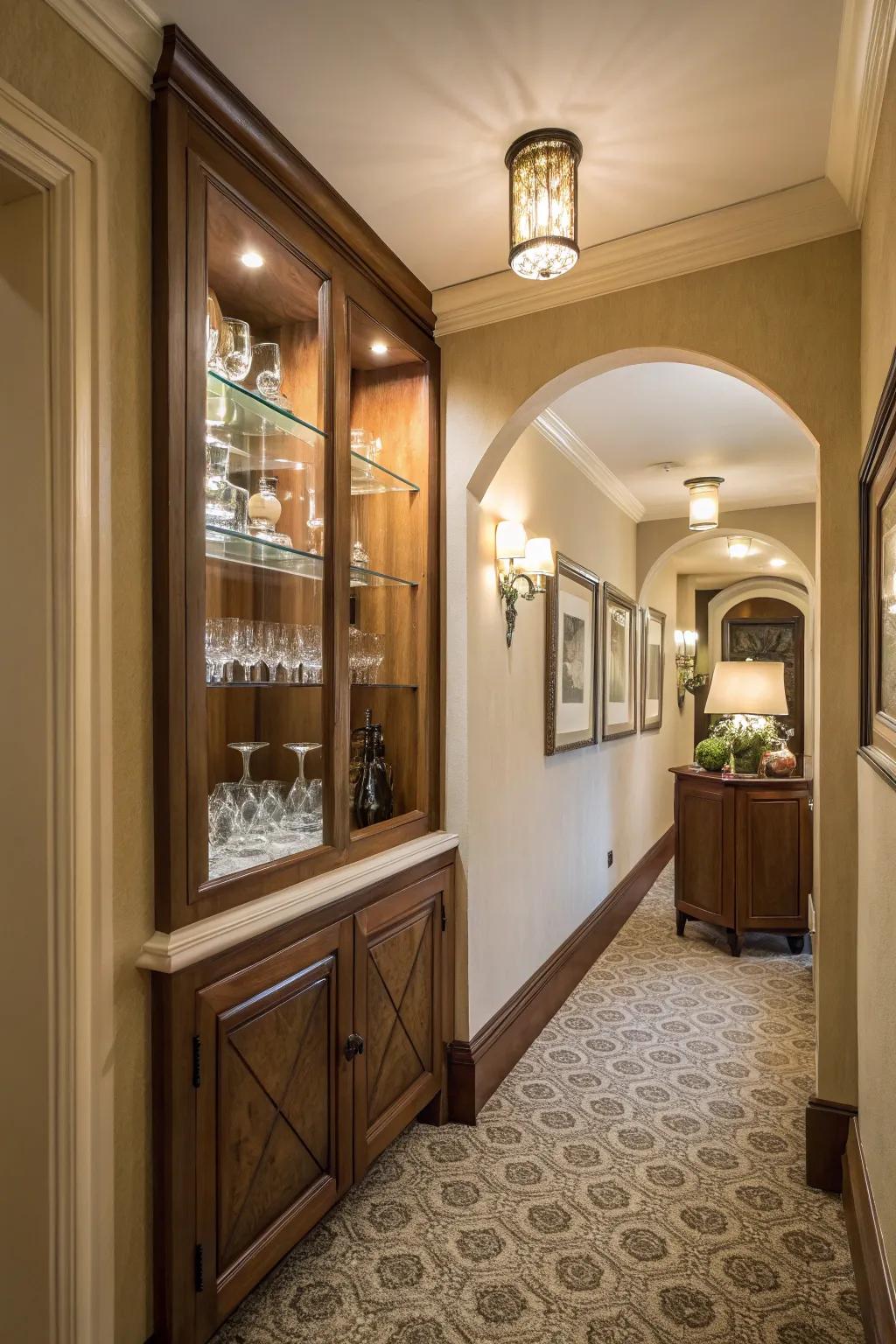 A cozy hallway recess converted into a glassware showcase.