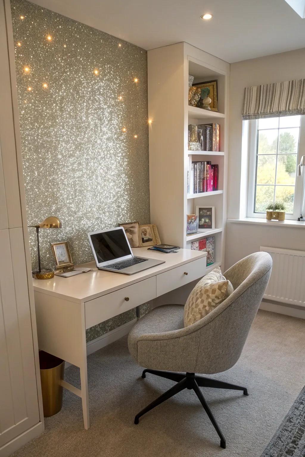 A glitter accent wall injects creativity into a home office.