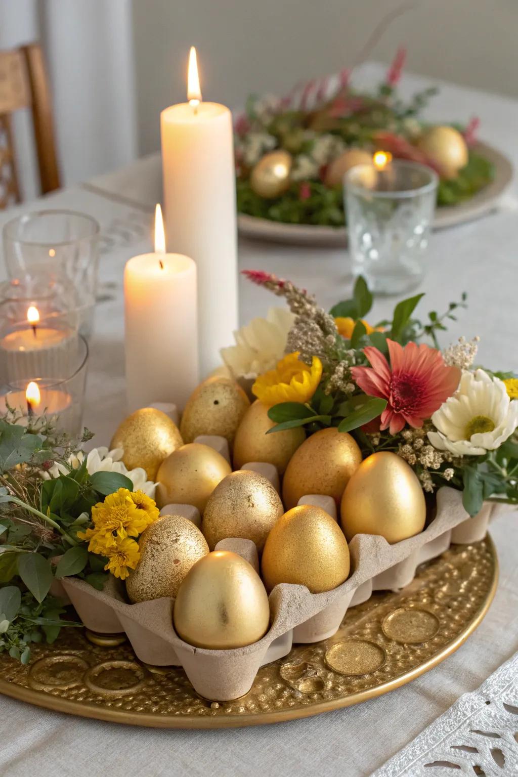 A gilded egg focal point that imparts refinement to any Easter dining arrangement.