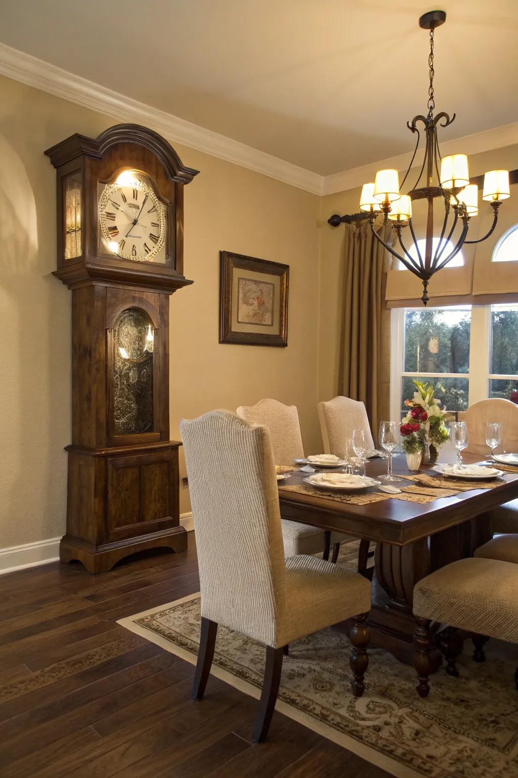 A time-honored sentinel contributes a sophisticated element to a dining quarter.