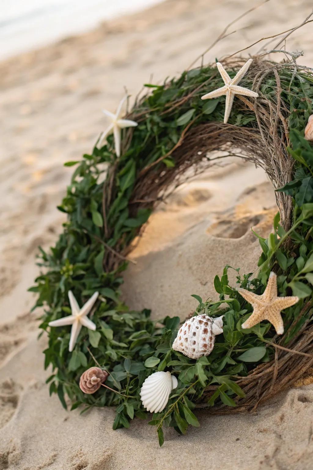 A coastline-centric grapevine wreath presenting ocean shells.
