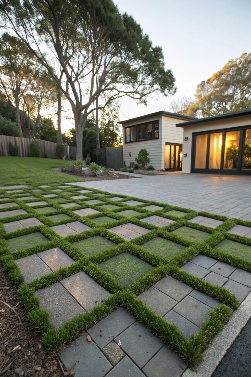 Inventive arrangements utilizing grass blocks to fashion an exceptional driveway.