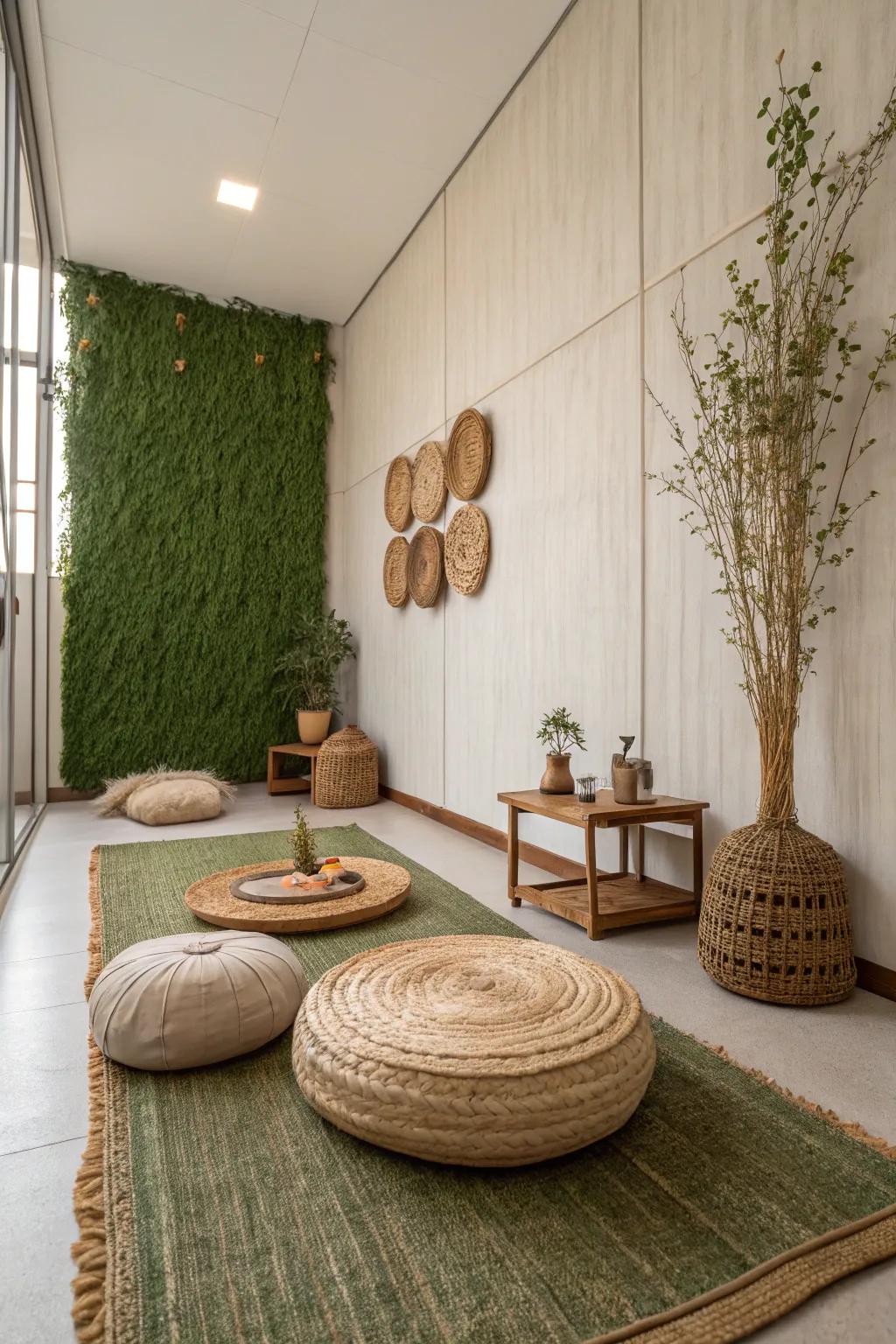 A minimalist chamber showcases a verdant partition, fashioning a serene and tranquil ambiance.