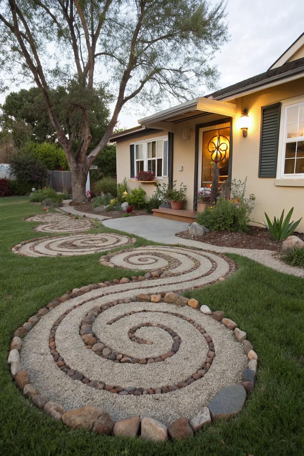 Artistic rock layouts add a unique flair to the front yard.