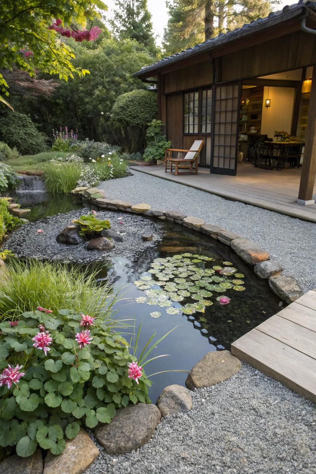 A gravel patio improved by a tranquil water feature, creating a peaceful atmosphere.
