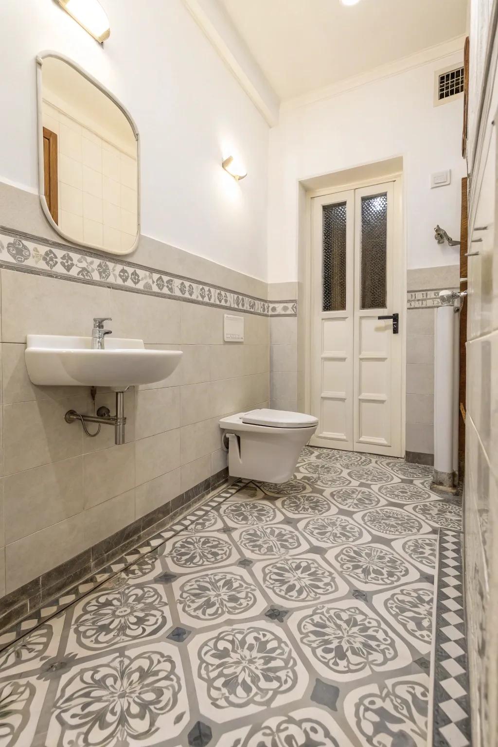 Designed tiles contribute a lively aspect to this lavatory design.
