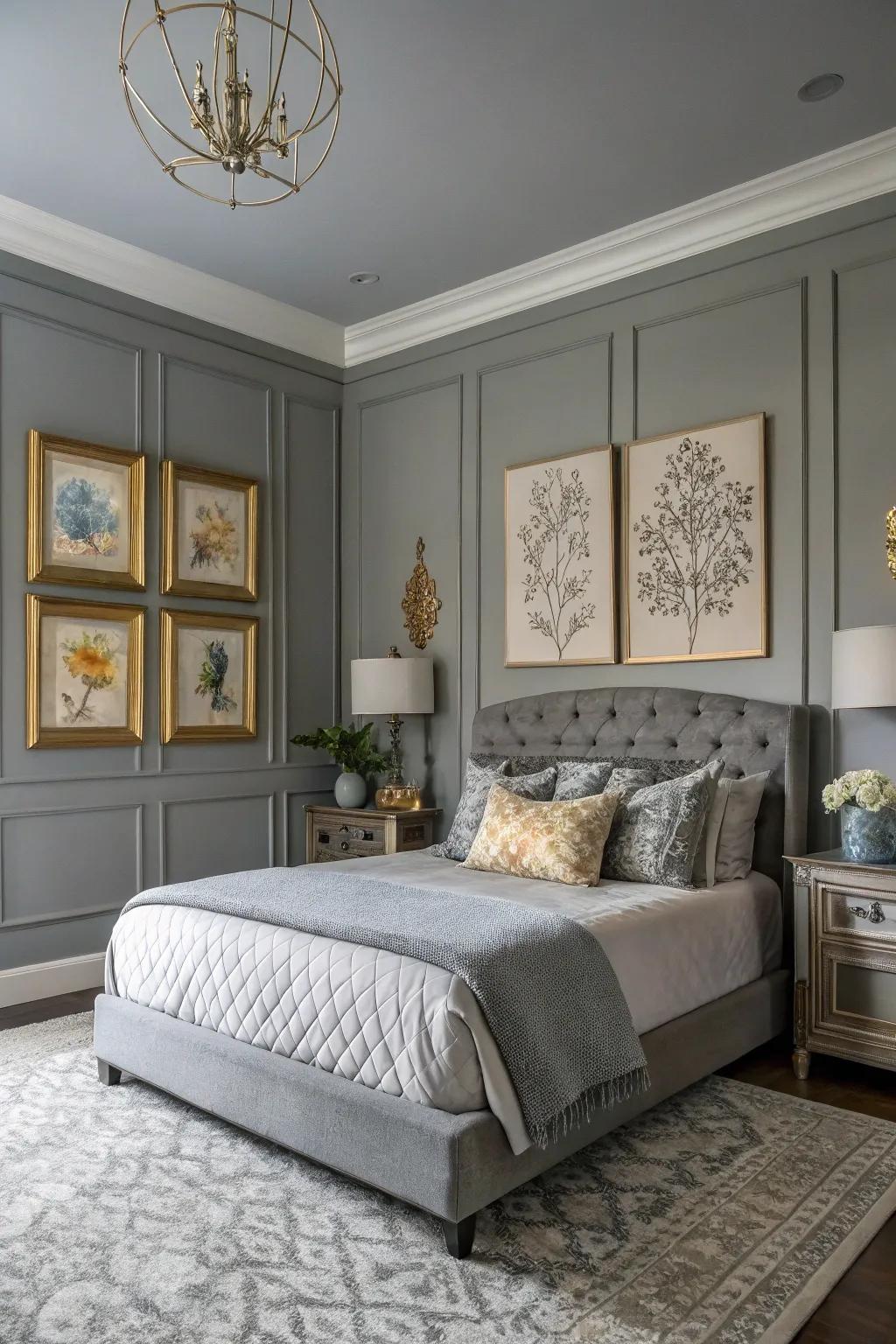 Art and decor infuse a gray bedroom with a distinct personal essence.