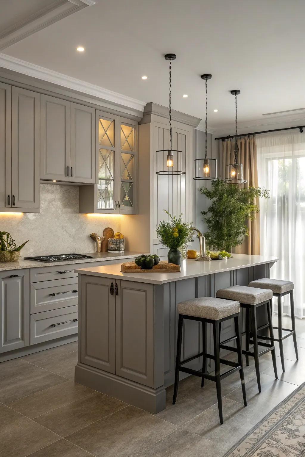 A central island enhances both function and style within a gray-themed kitchen.