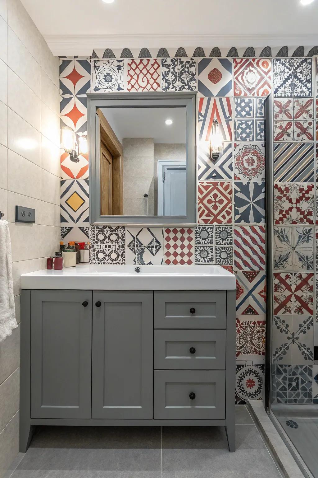 A playful bathroom design showcases patterns surrounding a gray vanity.