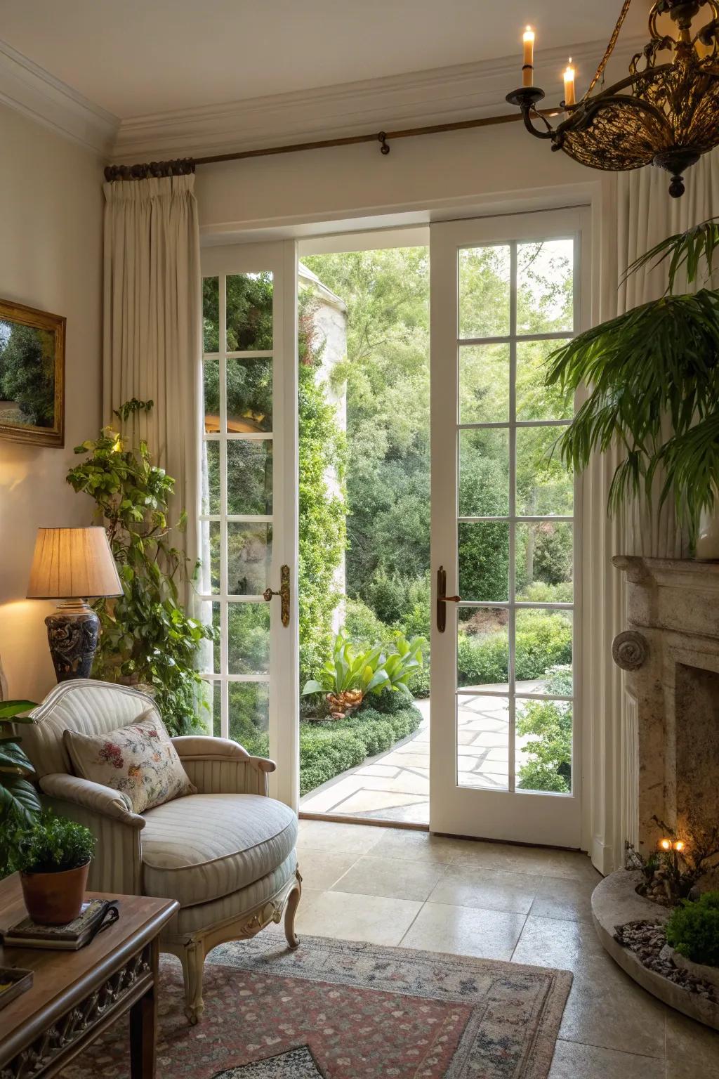 French doors seamlessly connect the living room with the garden.