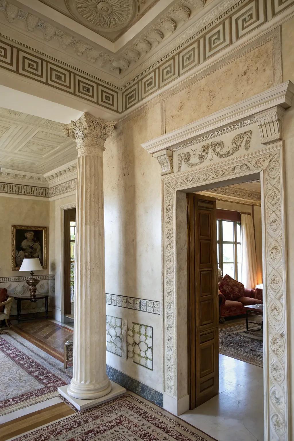 Stone and stucco textures contribute dimension to Hellenic decor.