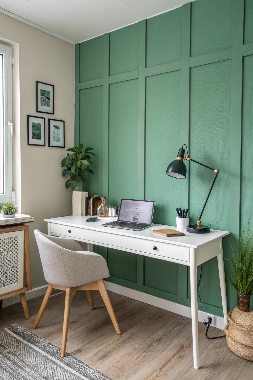 A green feature wall that enhances creativity and focus in the personal office.