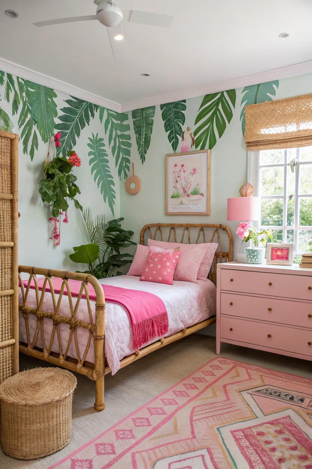 Tropical decor paired with pink accents creates a relaxing retreat.