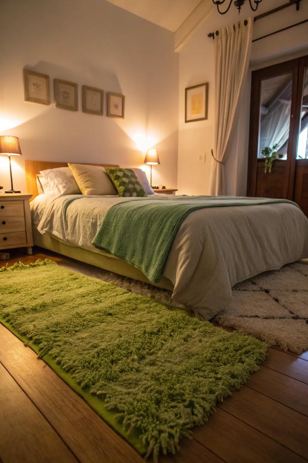 A green area rug contributes warmth and unity to this cozy bedroom.