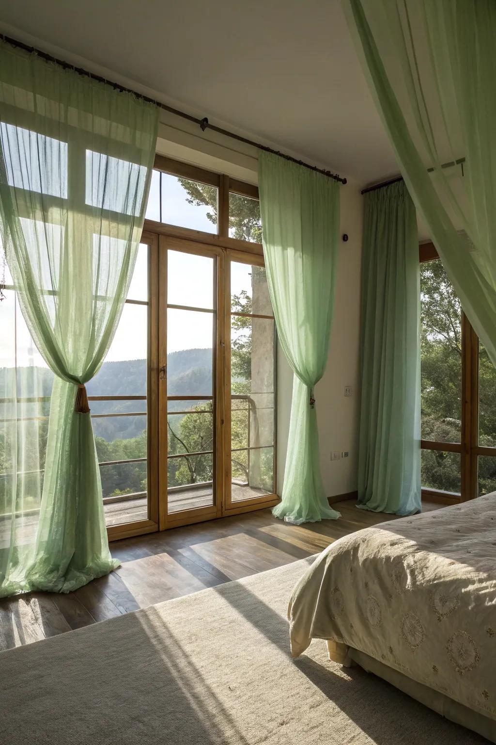 The green hues are enhanced by natural light, which also creates a light, airy atmosphere.