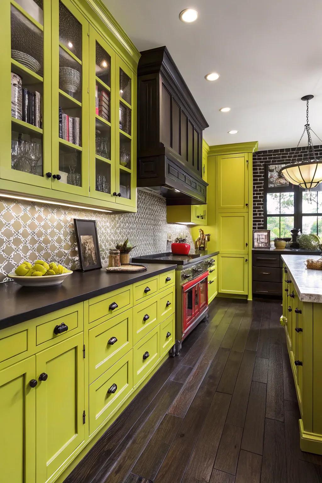 Audacious kitchen featuring lime zest cabinets and contrasting ebony wood.