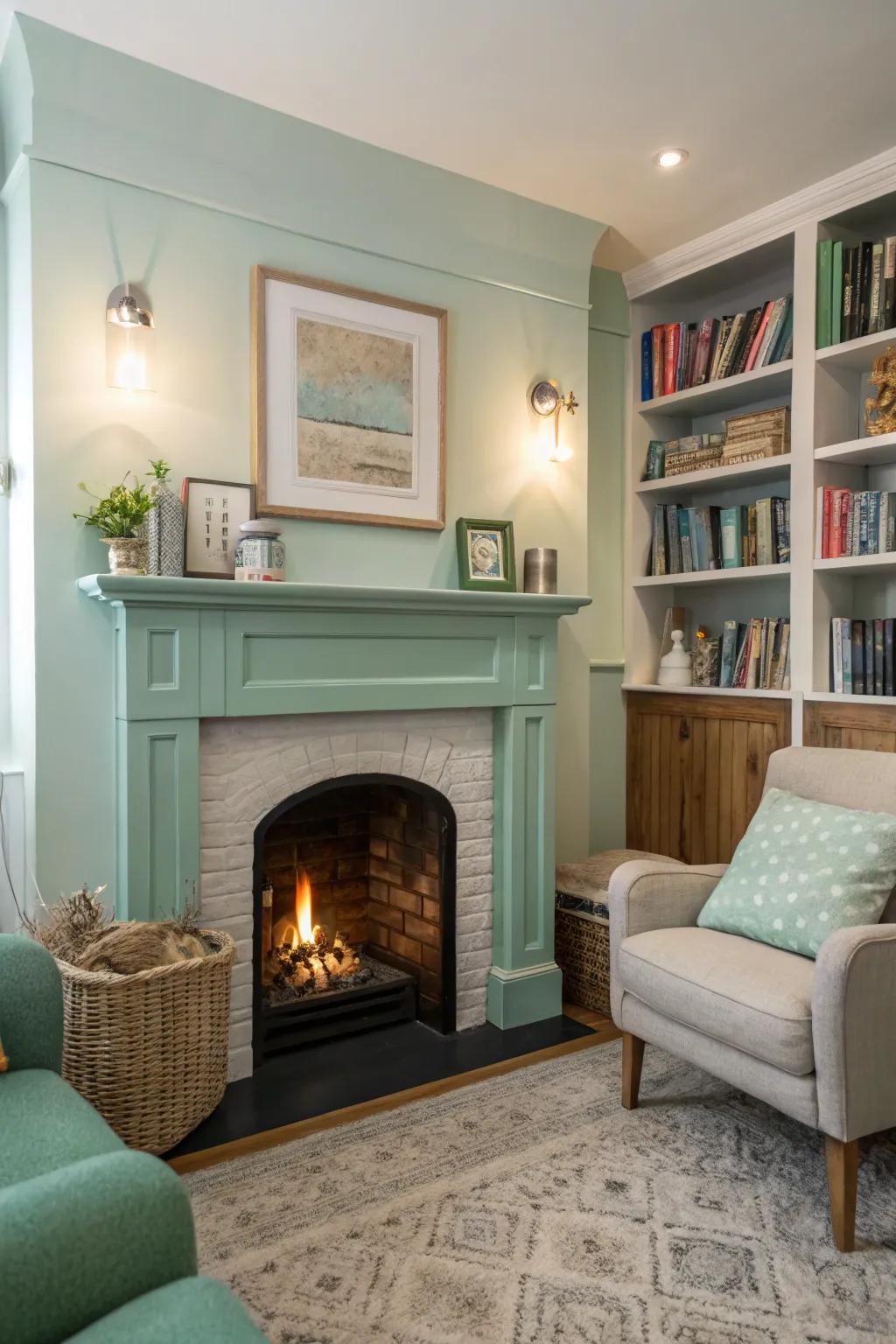 A bright, airy small room with a pastel green fireplace.