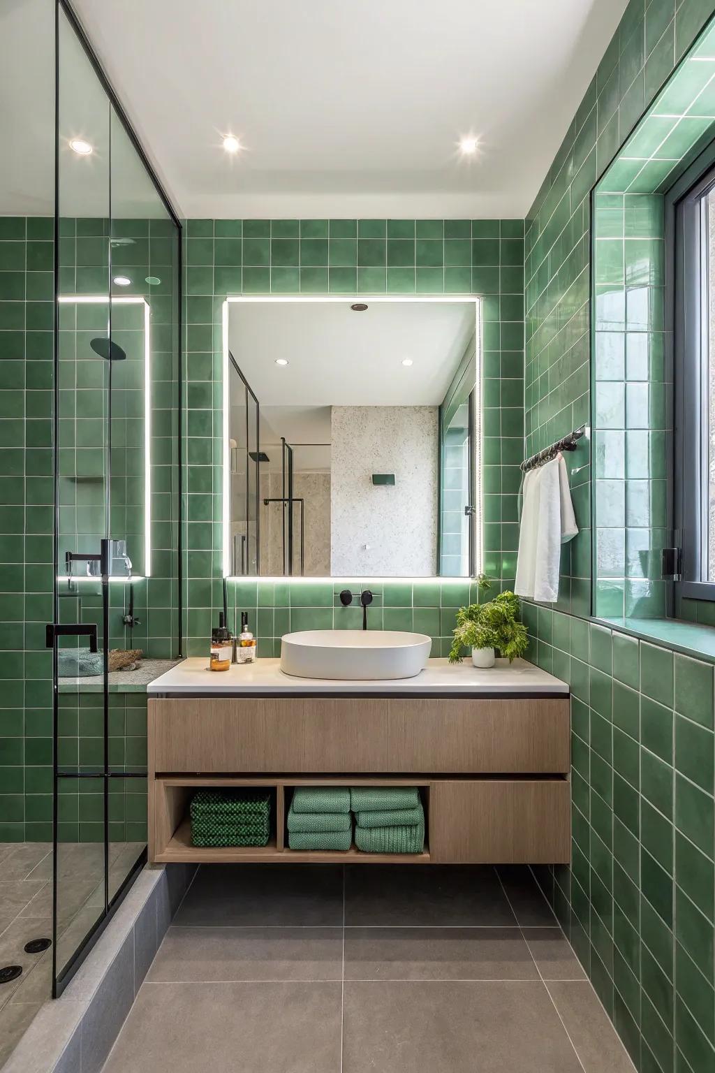 Green tiles including reflective surfaces produce a retreat-like bathing area escape.