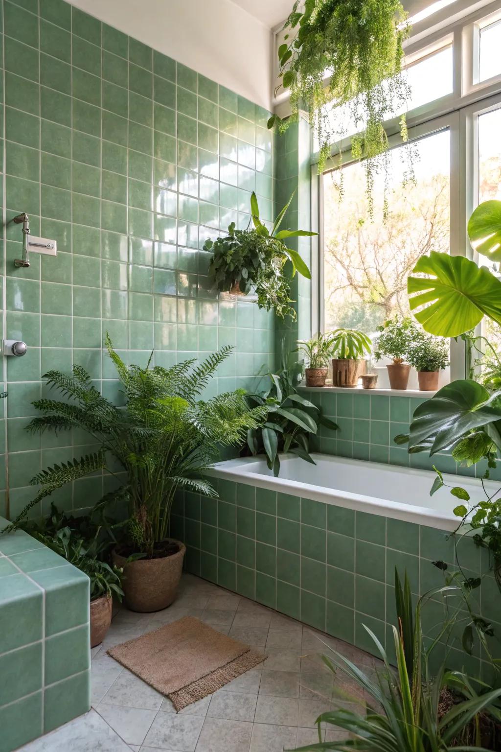 Plants enhance the fresh look of green tile bathrooms.