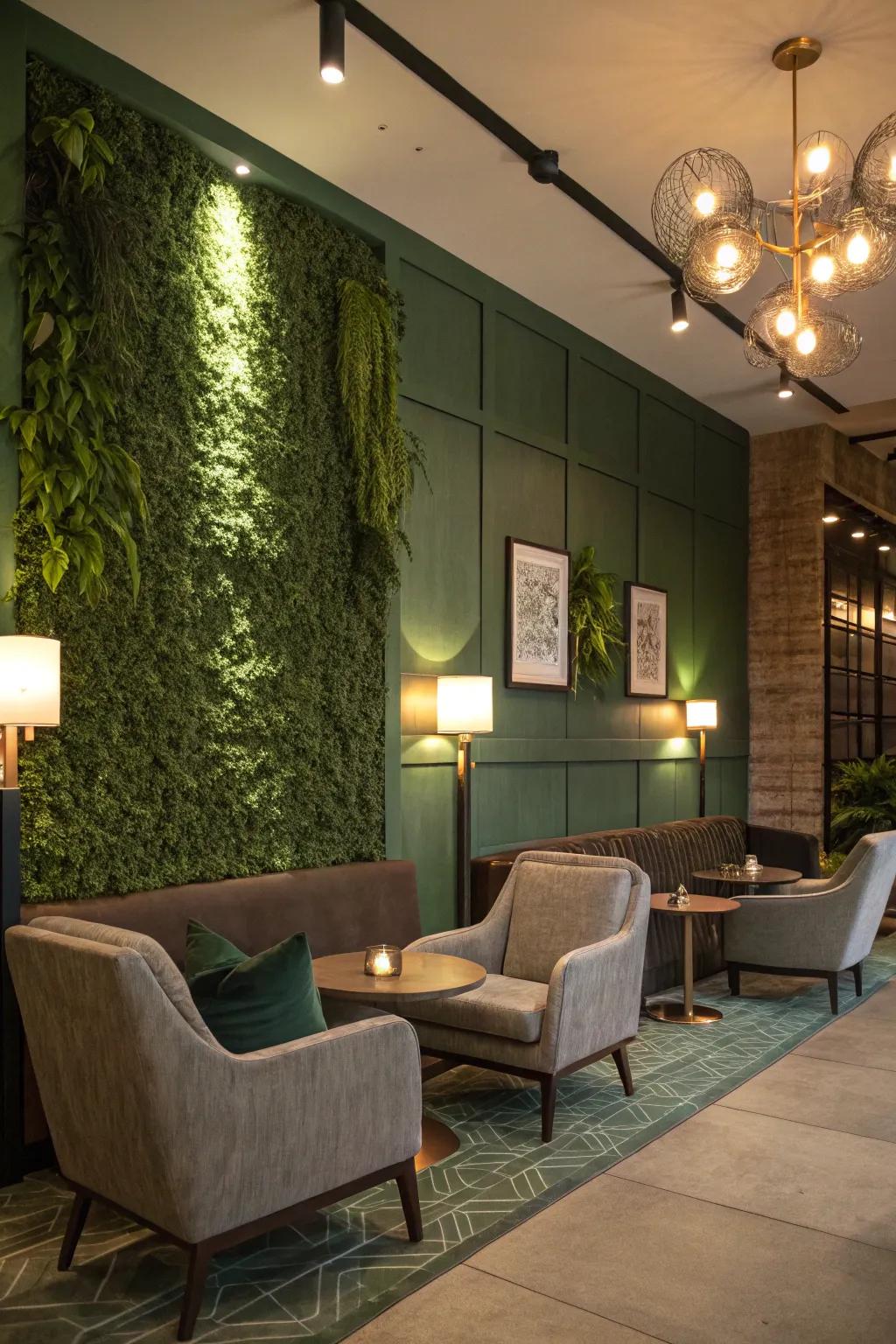 A relaxing space where comfort aligns with nature through a striking green wall.