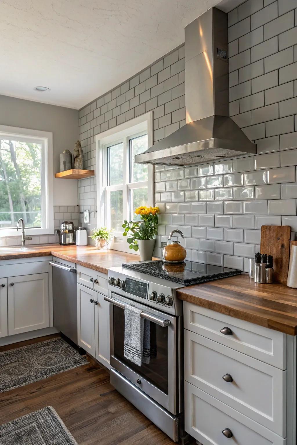Chic grey brick-style tile splashback introducing added texture