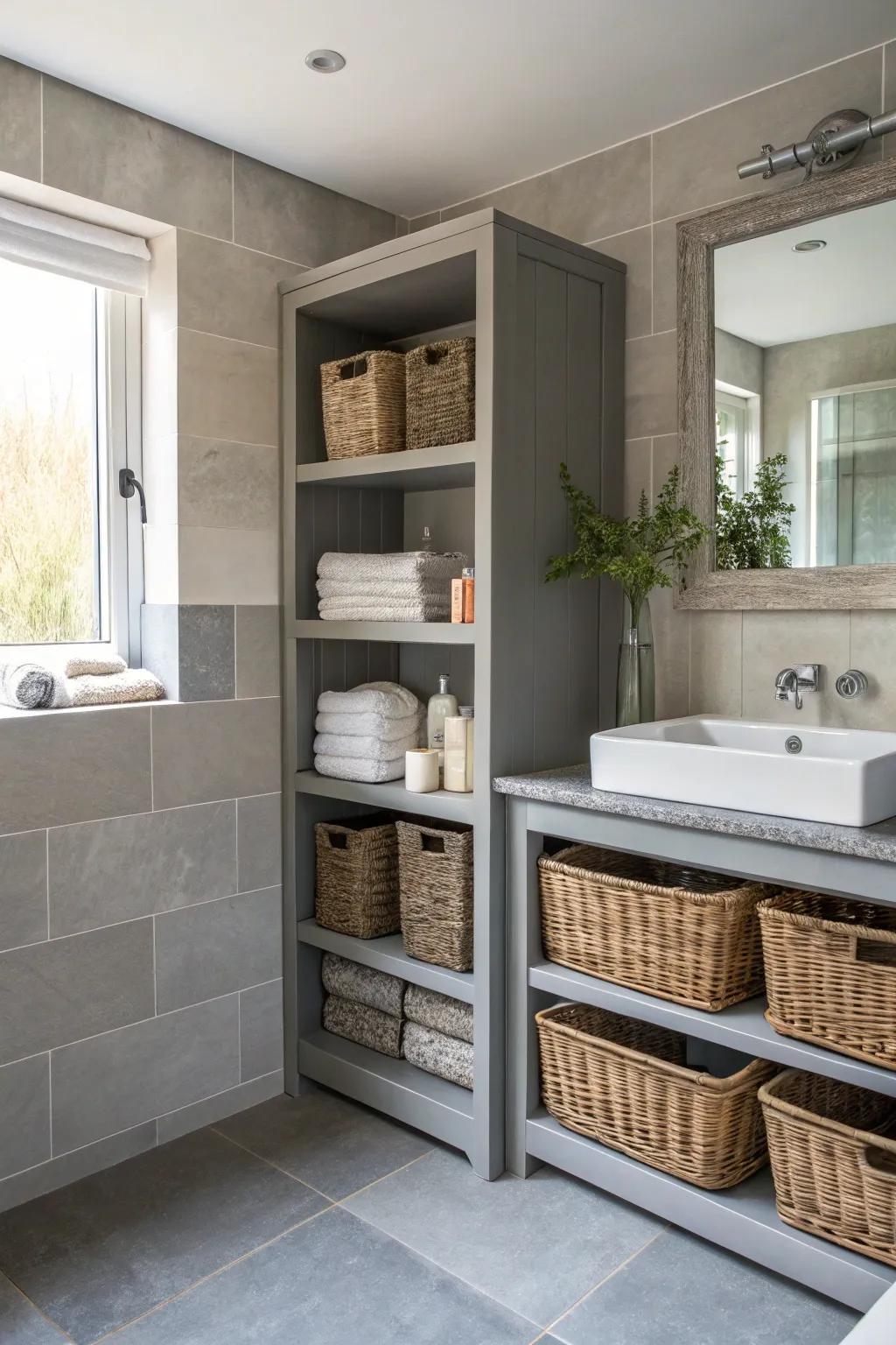 Functional storage solutions keep the grey bathroom tidy and chic.