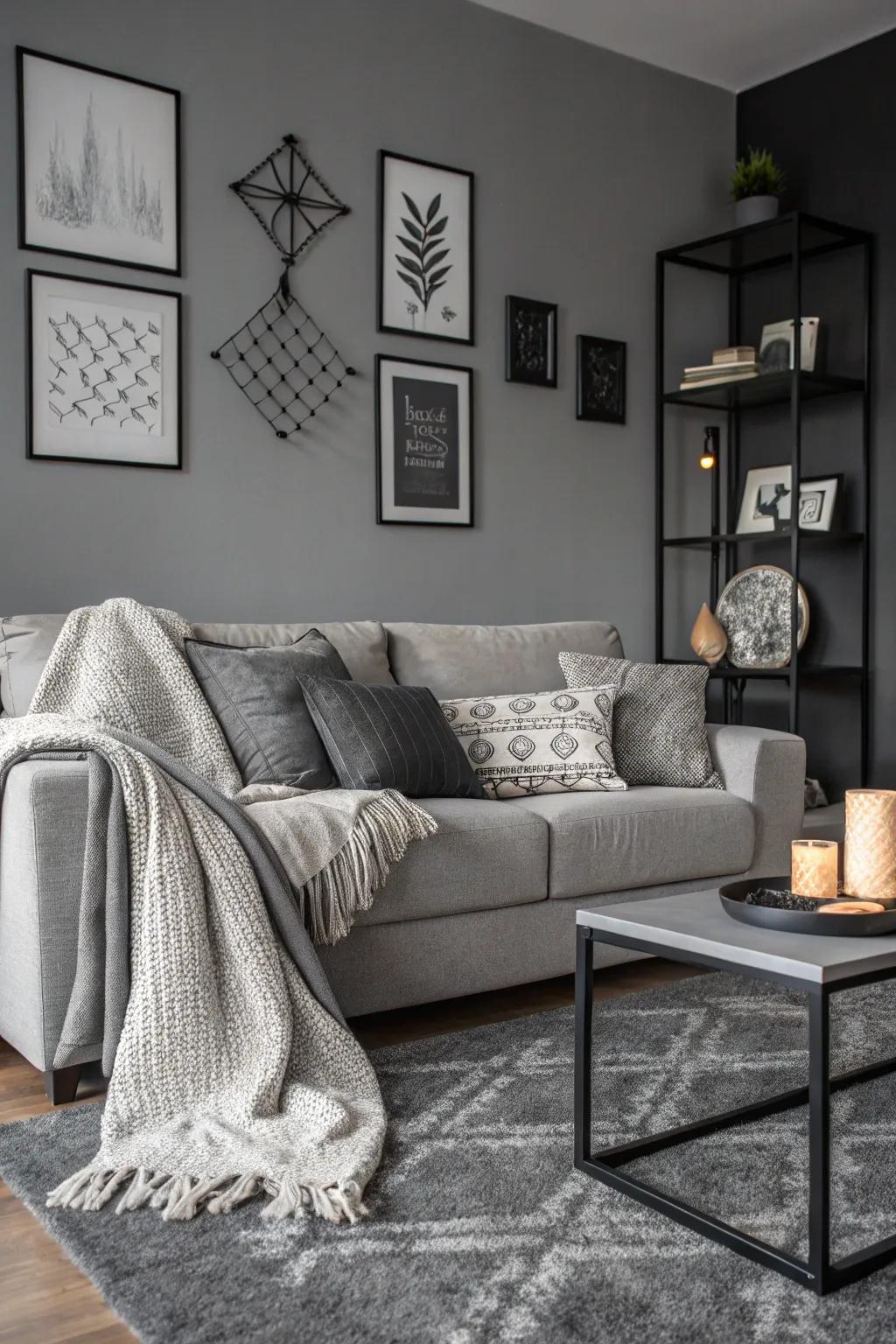 A stylish monochrome family room showcasing a grey couch.