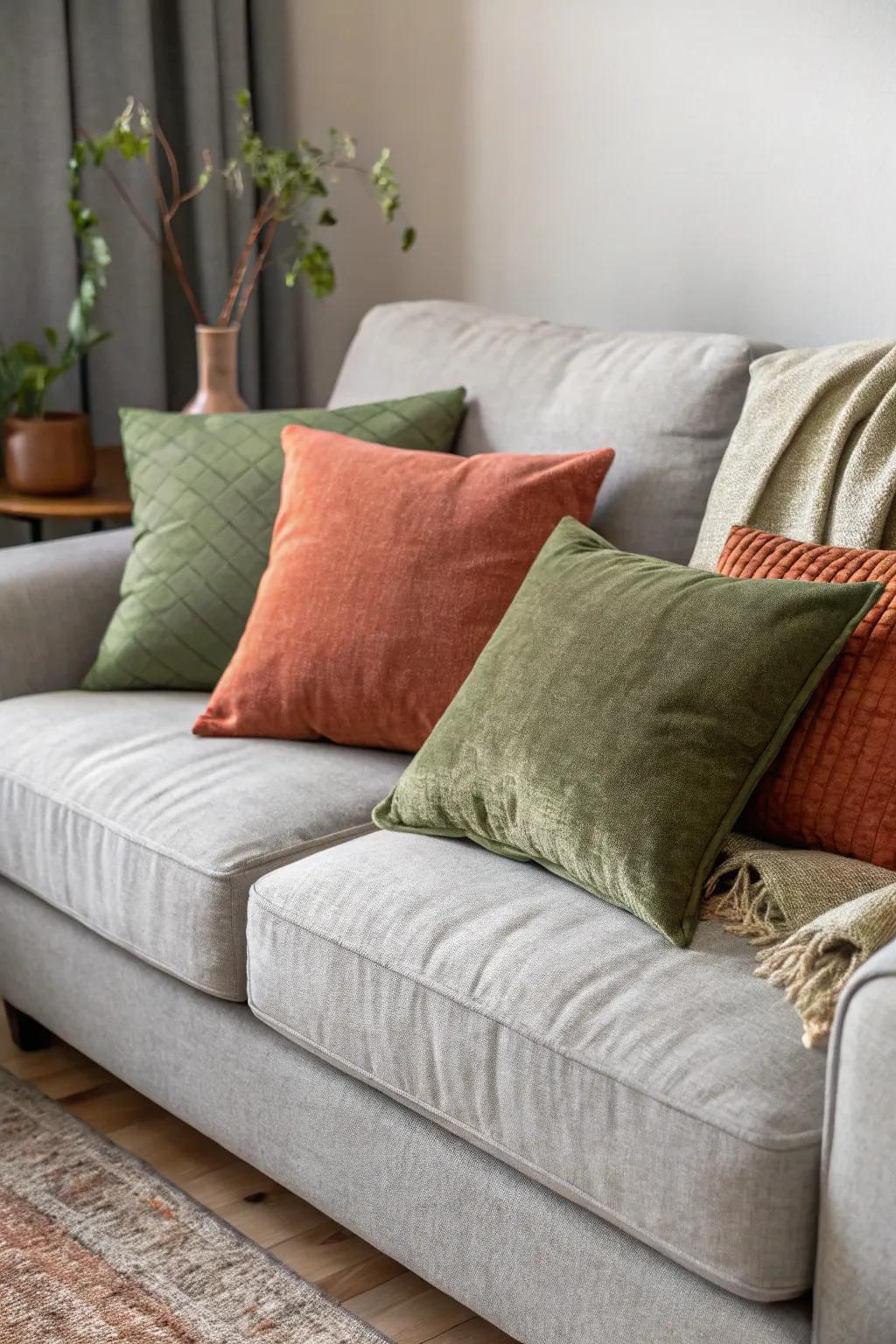 Earthy tones offer a warm and inviting contrast to grey.