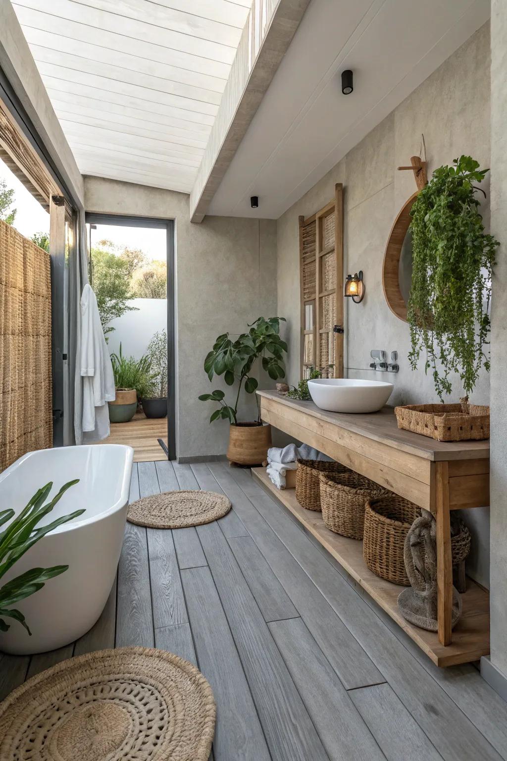 Wood with a grey stain offers a rustic yet contemporary feel to this bathroom.