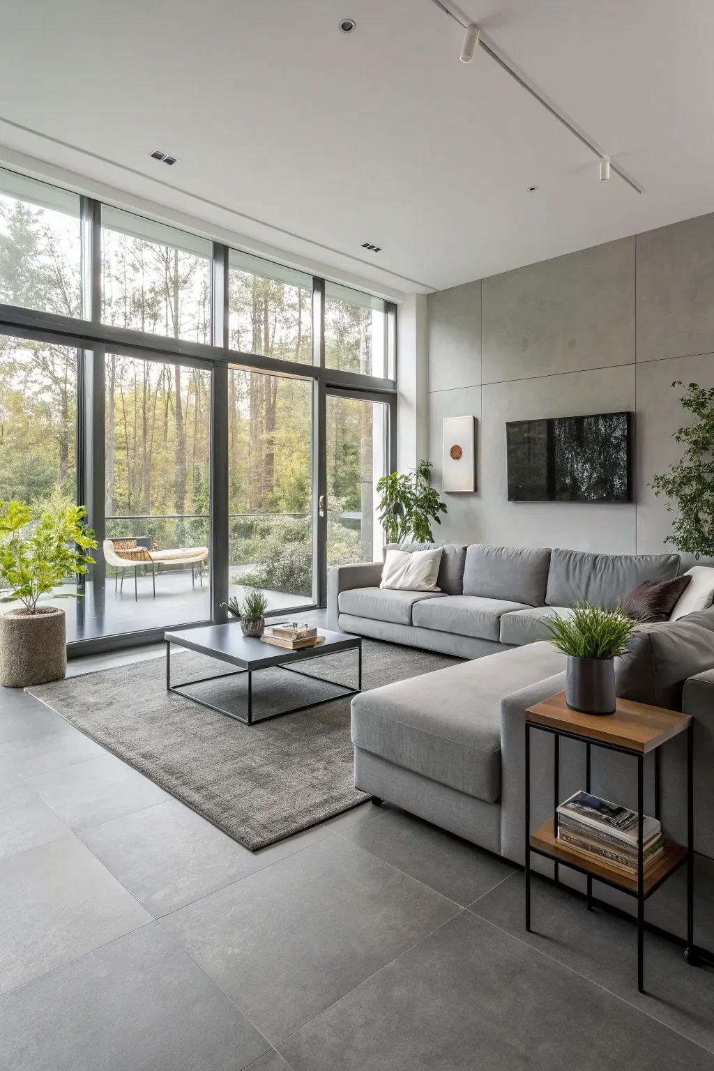 Sleek furniture enhances the modern appeal of grey floors.