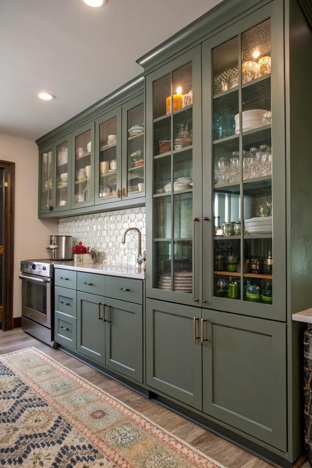 The combination of diverse materials brings an eclectic elegance to grey-green cabinets.