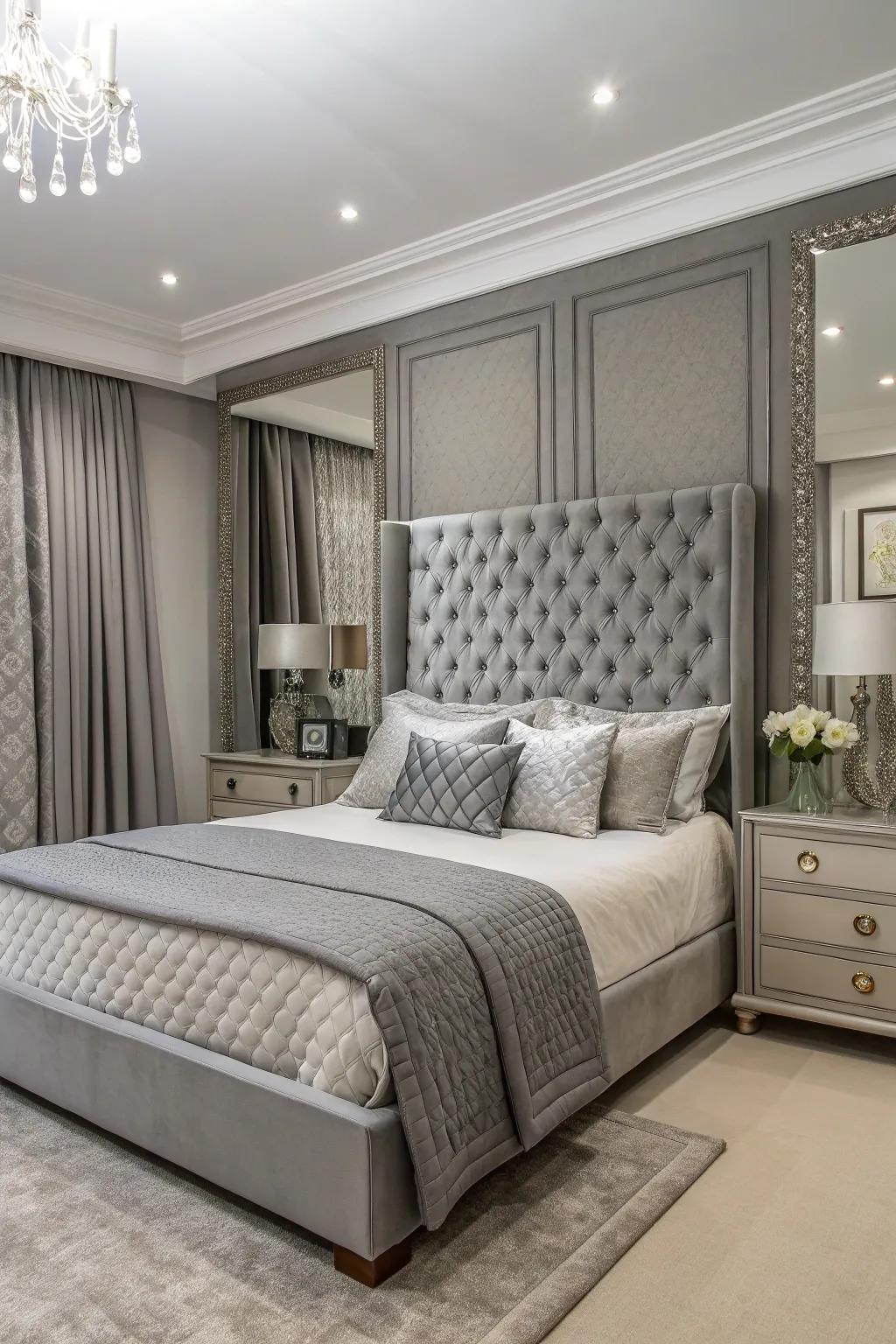 A harmonious bedroom design created through the symmetrical layout surrounding the grey headboard.