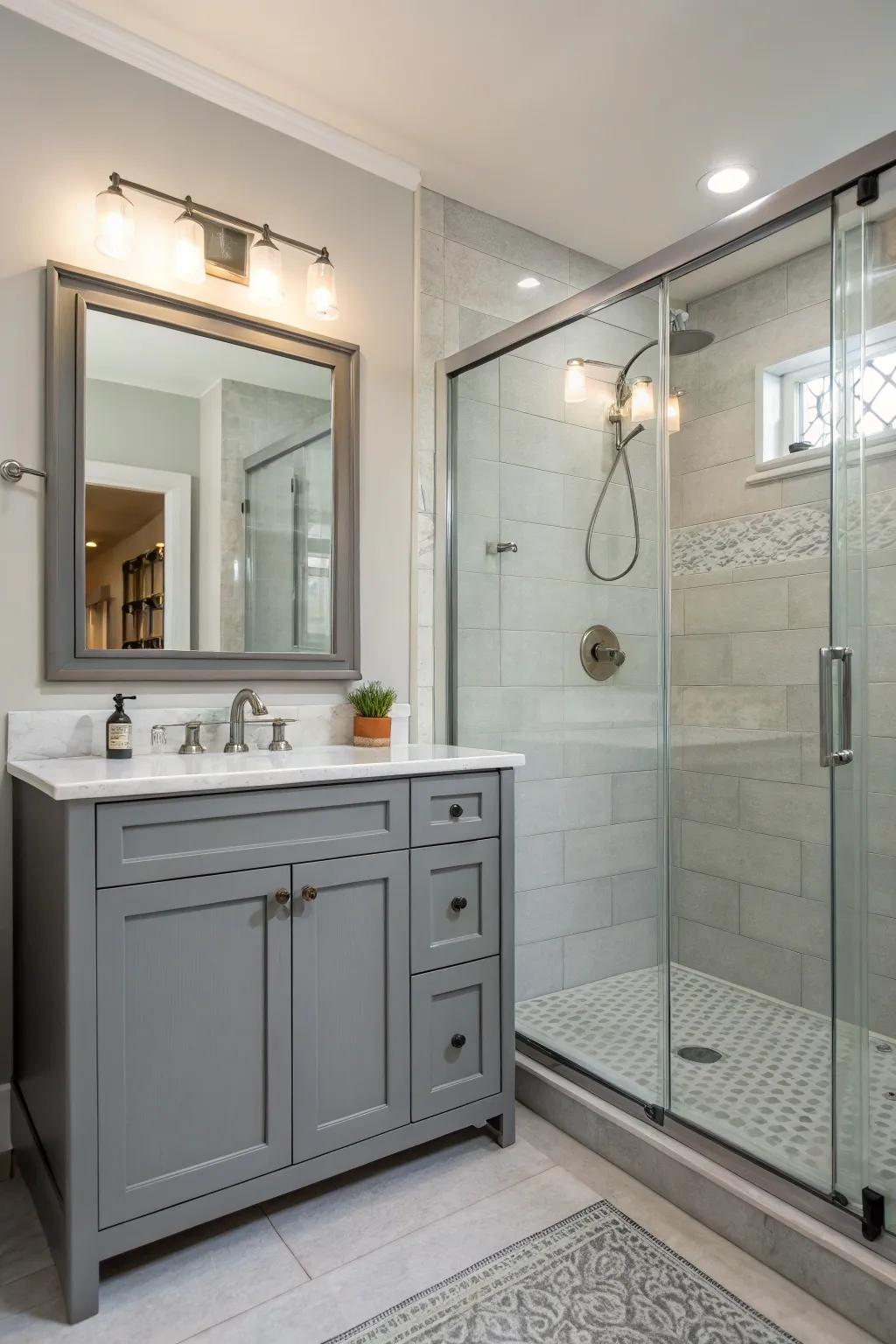 Smooth integration of vanity and shower for a clean, open appearance.