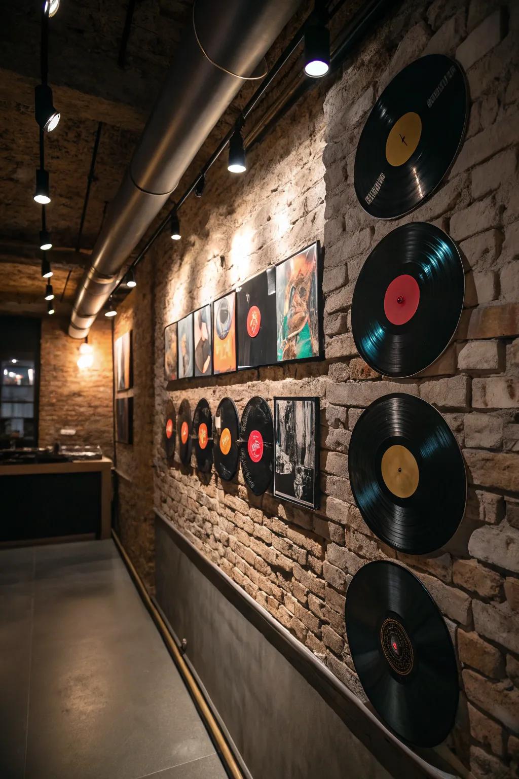 Vinyl records bring a retro and artistic vibe to the decor.